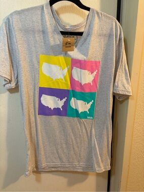 Short Sleeve Heather Gray Tee with Yellow, Pink, Purple & Teal USA Print